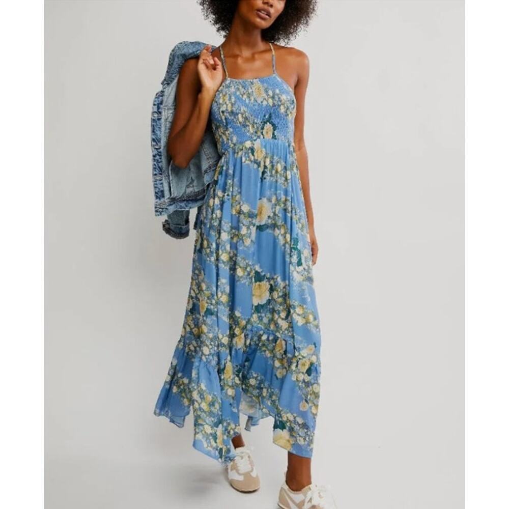NWT Free People Heat Wave Printed Floral Maxi Dress Allure Blue Size Small
